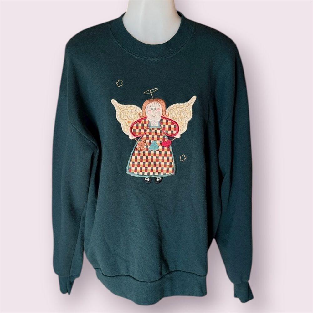 VINTAGE 90s Angel Christmas Embroidered Applique Cottagecore Sweatshirt